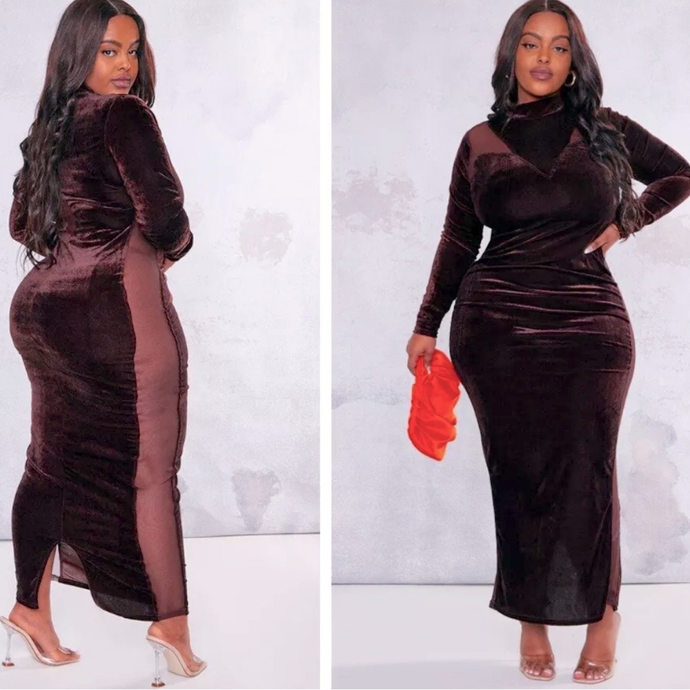NWT Pretty Little Thing Chocolate Velvet Long Sleeve Mesh Panel Maxi Dress-Sz 16